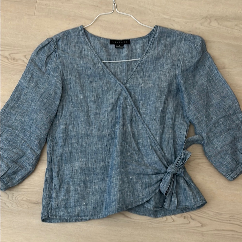 Sanctuary Gray and Blue Wrap Blouse with Tie Front 100% Linen